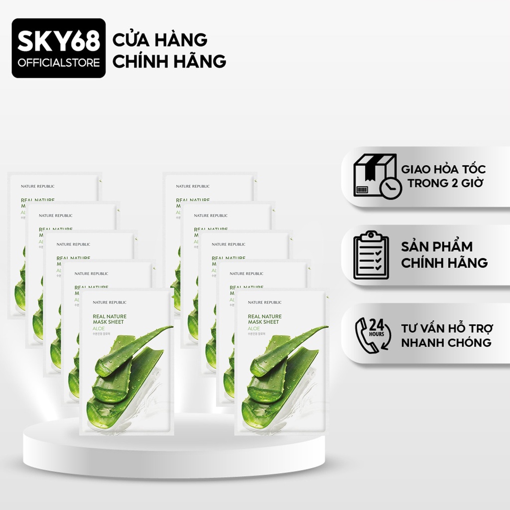 Combo 10 Mặt Nạ Giấy Cấp Ẩm, Làm Dịu Da Nature Republic Real Nature Mask Sheet 23ml x 10 - Aloe