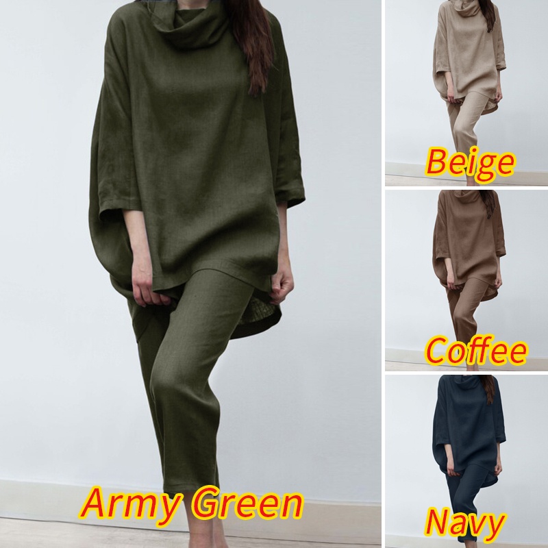 Bộ đồ ZANZEA gồm áo cổ lọ tay 3/4 dáng rộng phối túi màu trơn thời trang dành cho nữ
