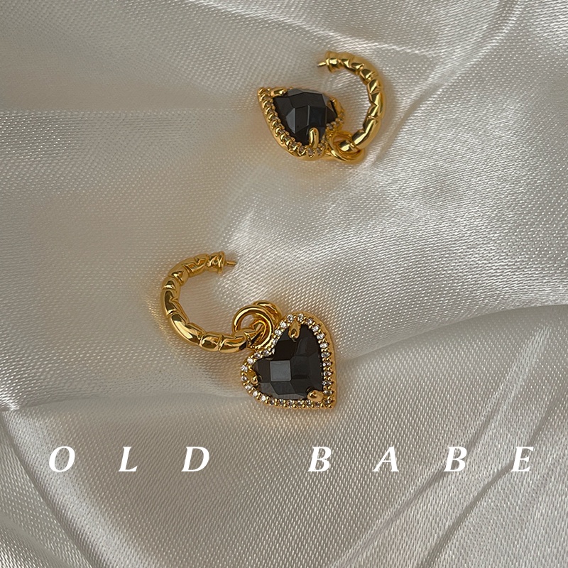 Bông Tai Hình Trái Tim Đính Đá Zircon Màu Đen Phong Cách Âu Mỹ Sang Trọng Thời Trang Cho Nữ