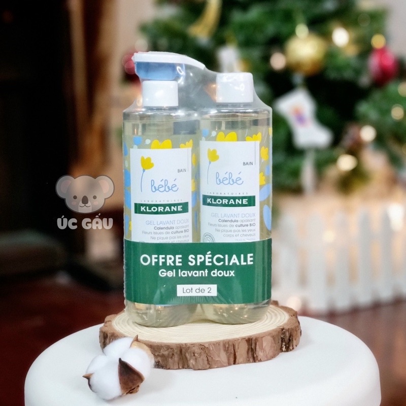 Sữa tắm gội Klorane Bébé, Pháp (2x500ml) 2 trong 1 làm sạch, dưỡng ẩm và kháng khuẩn cho trẻ em