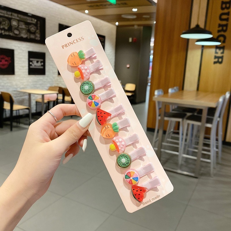 Set 10 Kẹp Tóc Hình Hoa / Trái Cây Hoạt Hình Phong Cách Hàn Quốc Cho Bé Gái