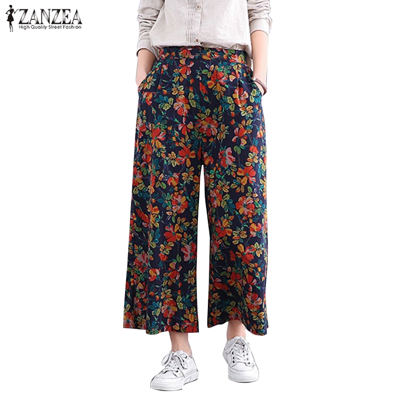 Quần ZANZEA Ống Rộng Thắt Lưng Co Giãn In Họa Tiết Thời Trang Cho Nữ