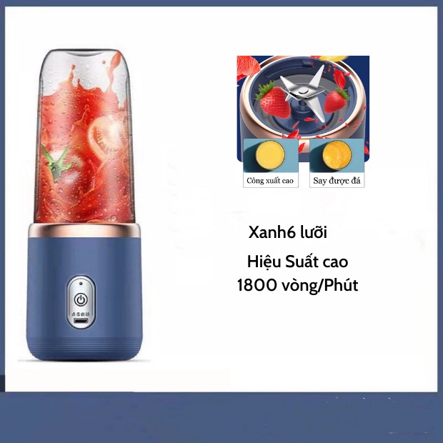 Máy xay sinh tố mini 6 lưỡi tích điện cao cấp thế hệ mới Juice Cup, máy xay cầm tay siêu khỏe có nắp đậy