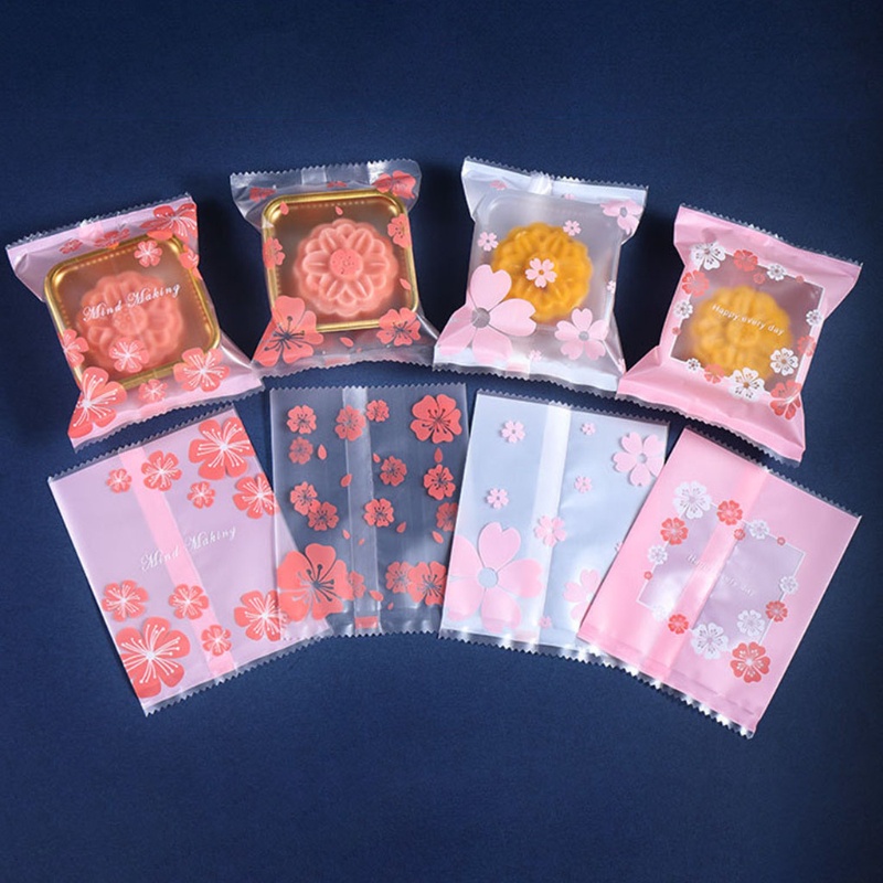 Set 100 túi nhựa đựng bánh trung thu/ bánh quy in hoa anh đào