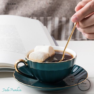 Tách trà chiều - tách trà Anh - hình bí ngô màu xanh và màu đen viền vàng kèm đĩa và thìa cực sang chảnh