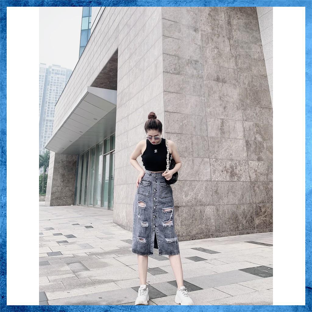 Chân váy jeans dáng dài, chân váy bò rách lưng cao túi nắp 1 khuy. Mã V0145