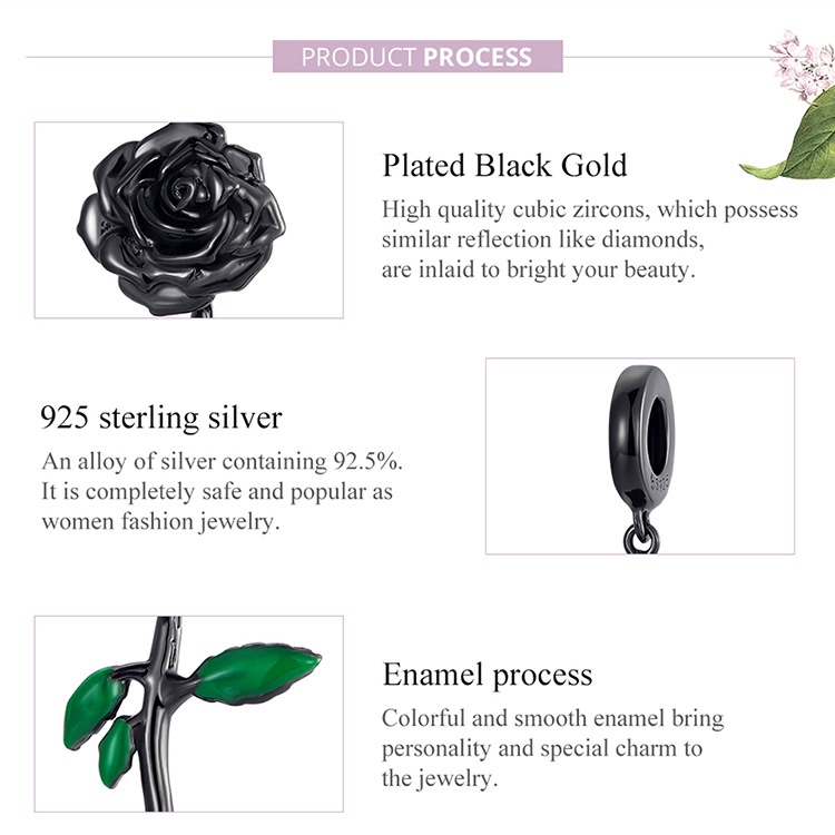 Mặt phụ kiện BAMOER BSC584 chất liệu 925 bạc hình hoa hồng đen