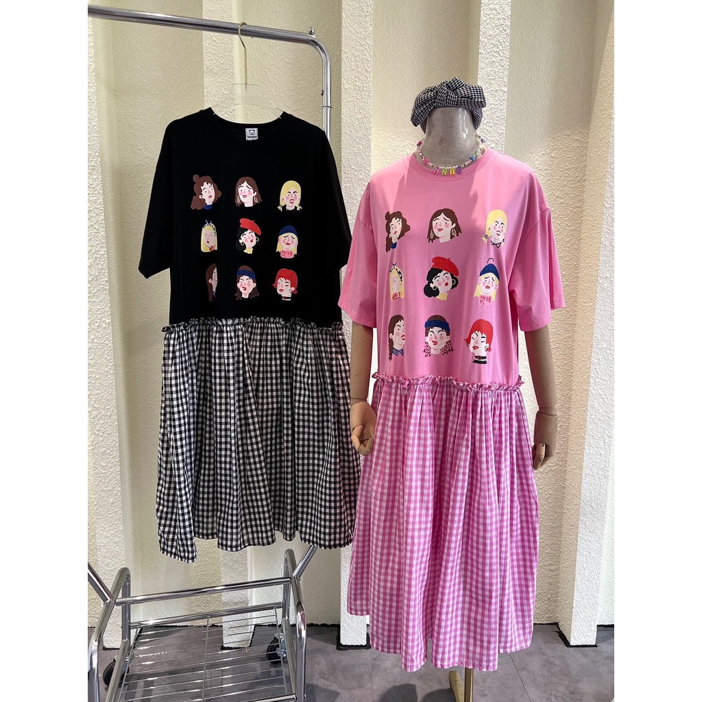 Đầm Suông Đuôi Cá Phối Caro, Họa Tiết Dễ Thương - HN215