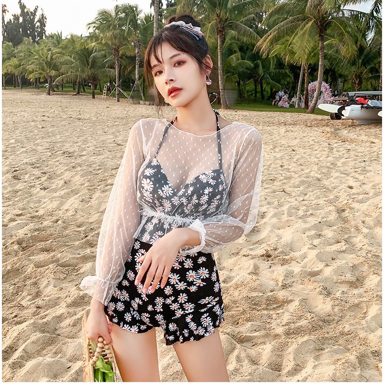 (SẴN HÀNG) Bikini một mảnh hoa cúc, bikini đi biển sexy quyến rũ (kèm áo ren)