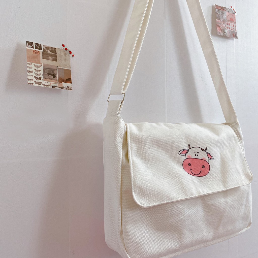 Túi tote đeo chéo vải canvas - túi messenger - hình mặt bò sữa