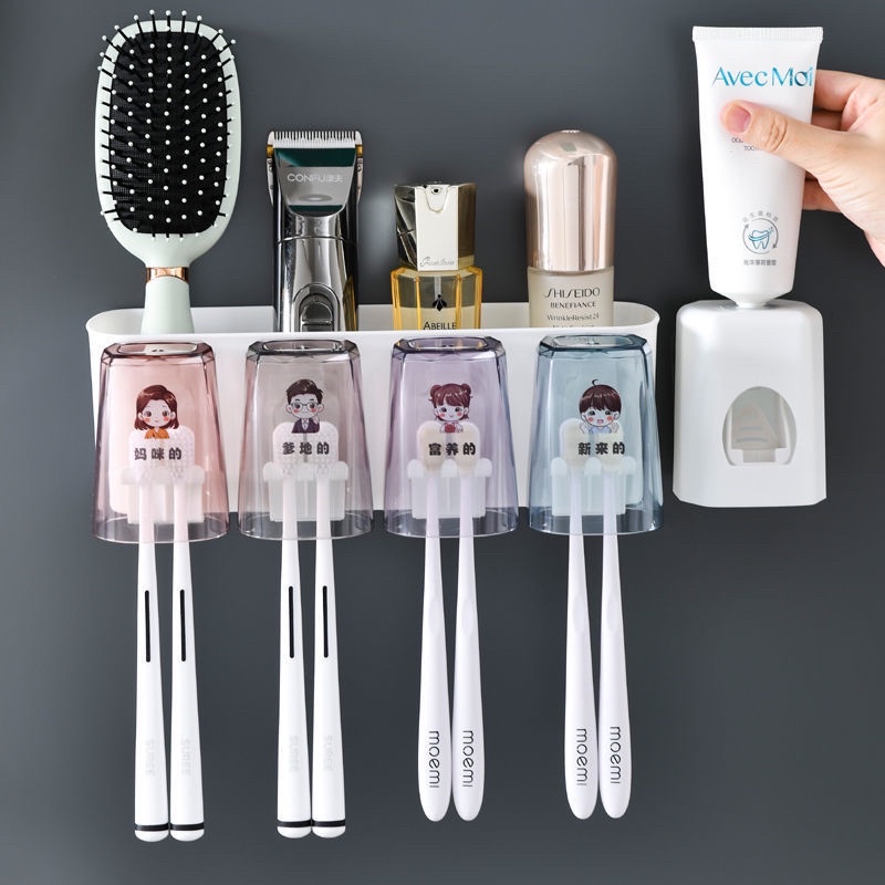 Giá treo bàn chải đánh răng dán tường kèm 4 cốc cao cấp và đồ nặn kem - Kệ để bàn chải nhả kem đánh răng Full bộ 4 ly