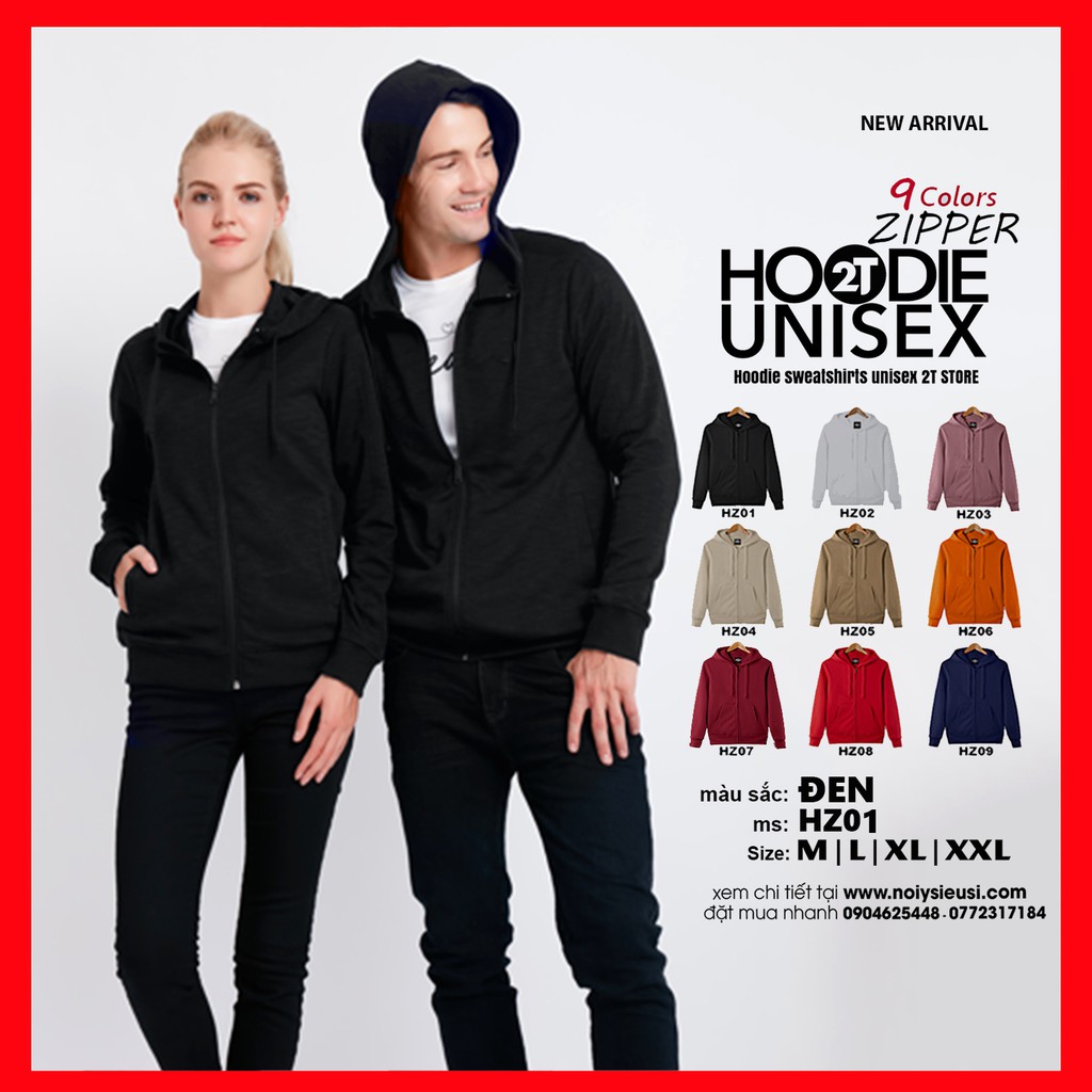 Áo hoodie zipper unisex 2T Store HZ01 màu đen - Áo khoác nỉ dây kéo nón 2 lớp dày dặn chất lượng đẹp
