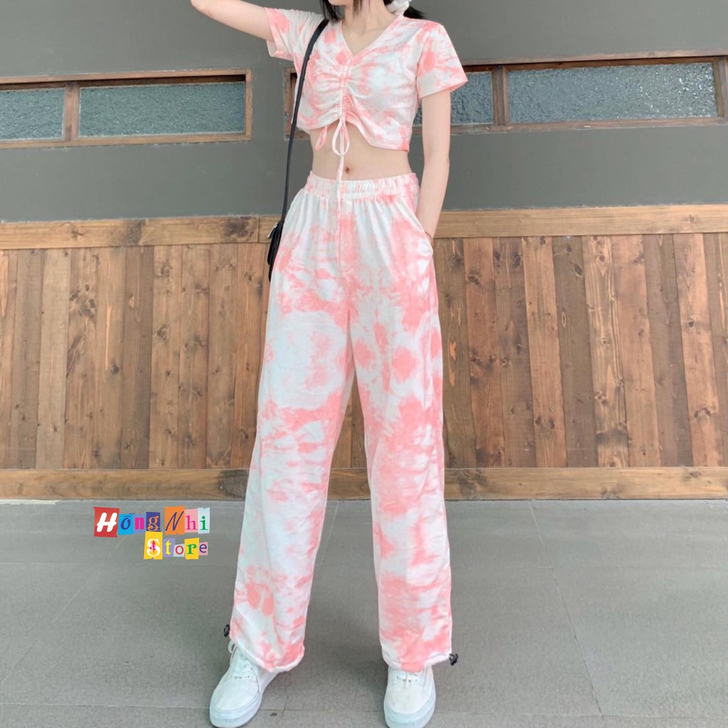 Set Bộ Áo Croptop Rút Dây Hoạ Tiết 3D Kèm Quần Long Pant Dài Dây Rút Cực Xinh - MM