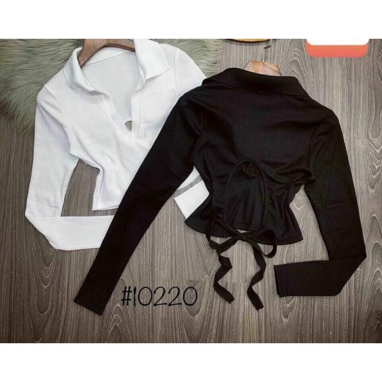 Áo croptop cổ bẻ cột lưng tay dài Free Size dưới 52kg dành cho nữ [Hàng Đẹp] | BigBuy360 - bigbuy360.vn