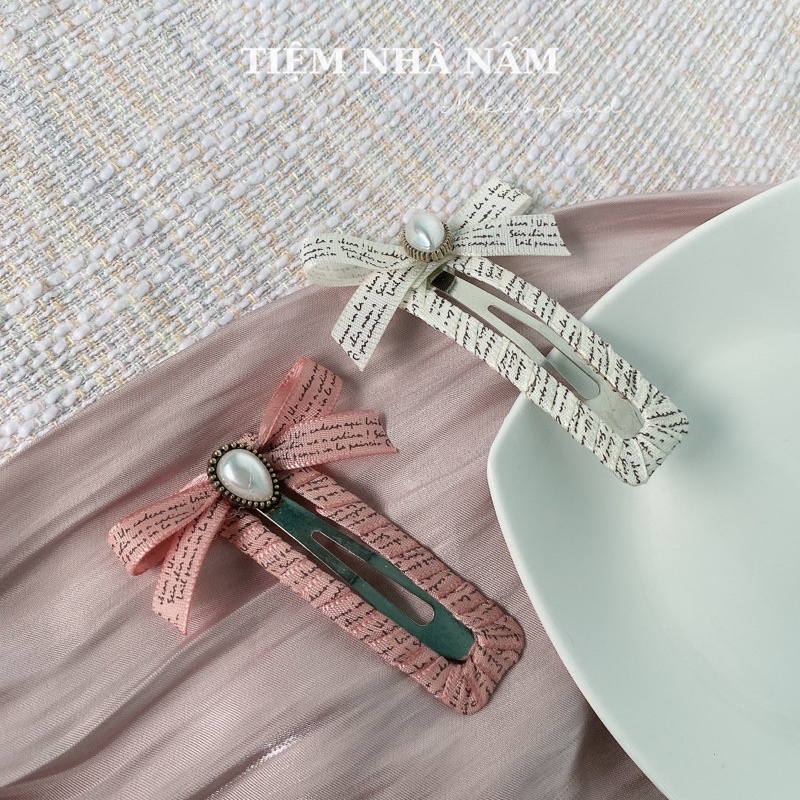 🎀 KẸP TÓC MÁI NƠ ĐÍNH HẠT TRAI GIỌT NƯỚC XINH XẮN - [ Nhà Nấm handmade ]