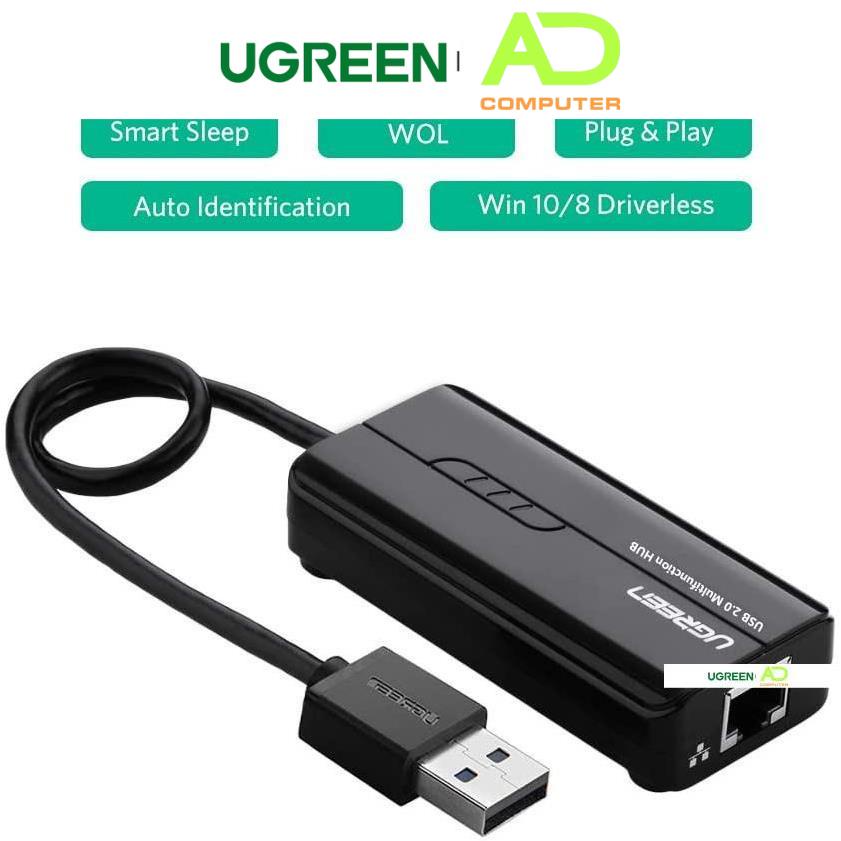 Cáp Chuyển USB 2.0 sang Lan 10/100Mbps tích hợp Hub USB 2.0 3 cổng UGREEN CR103 20264