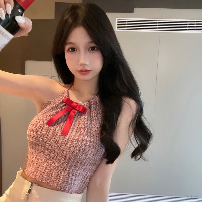 Áo Croptop Hai Dây Dệt Kim Màu Sắc Trơn Đính Nơ Phong Cách Hàn Quốc Dành Cho Nữ