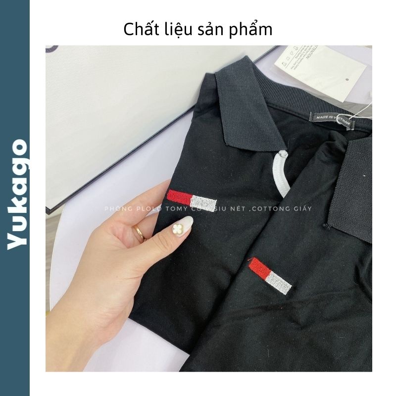 Áo polo nữ khoét cổ V đen bo viền dệt trắng chất cotton mềm mịn thấm hút tốt Yukago M1.123