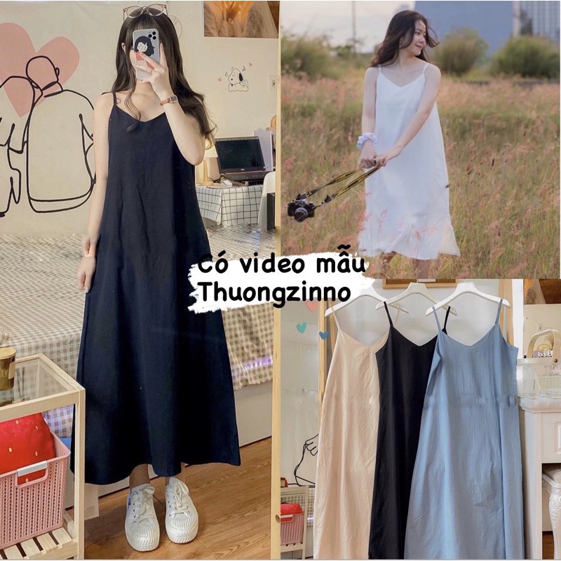[Ảnh thật/Video] Váy hai dây chất Đũi lụa dáng xuông siêu mát dây lưng điệu đà kèm ảnh thật