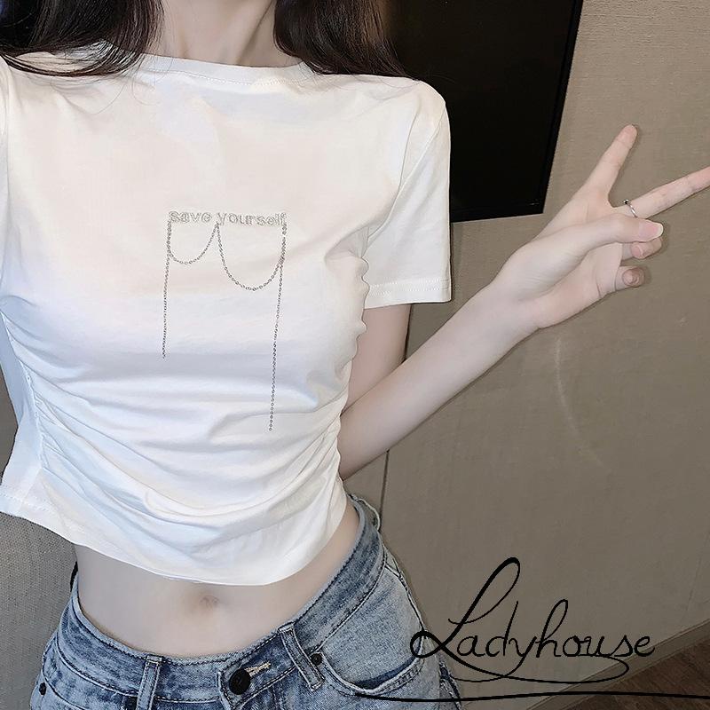 Áo Thun Tay Ngắn Cổ Tròn In Chữ Đính Đá Thời Trang Mùa Hè Dành Cho Nữ