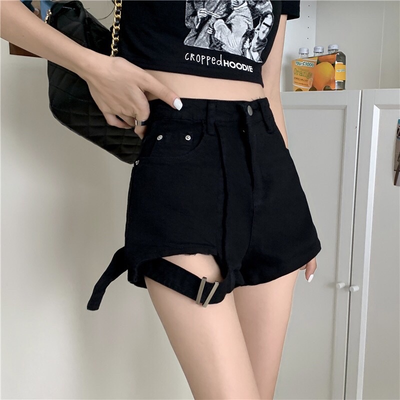 {CÓ SẴN} QUẦN SHORT JEAN ĐEN PHỐI KHOÁ QQ06