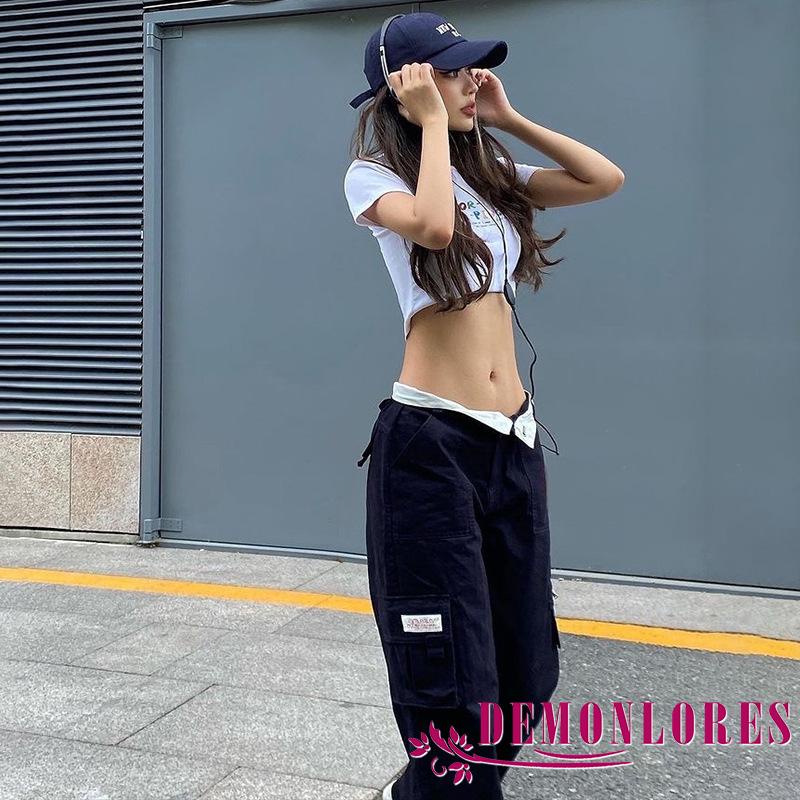 Demonlores-quần Baggy Ống Rộng Thẳng Có Túi y2k Hot Girl Vintage Giản Dị Dành Cho Bạn Nữ
