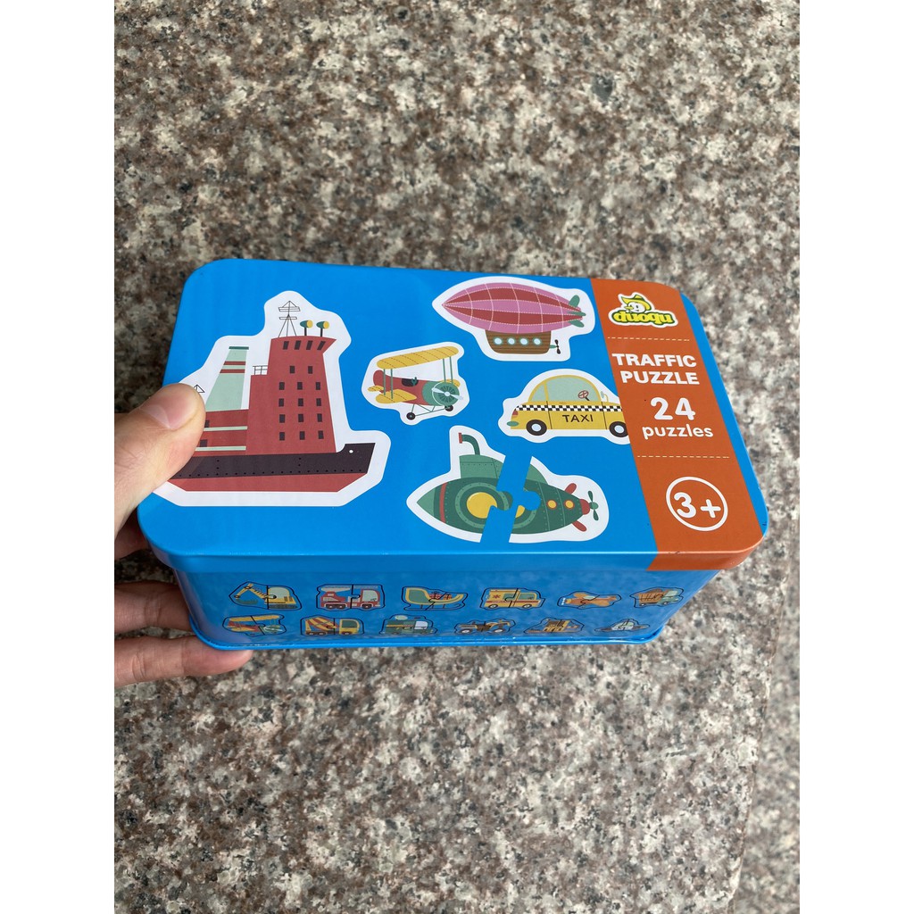 Xếp hình cho bé Puzzle 2 mảnh ghép 24 hình xe cộ hộp thiếc cho bé tập ghép ETOYS