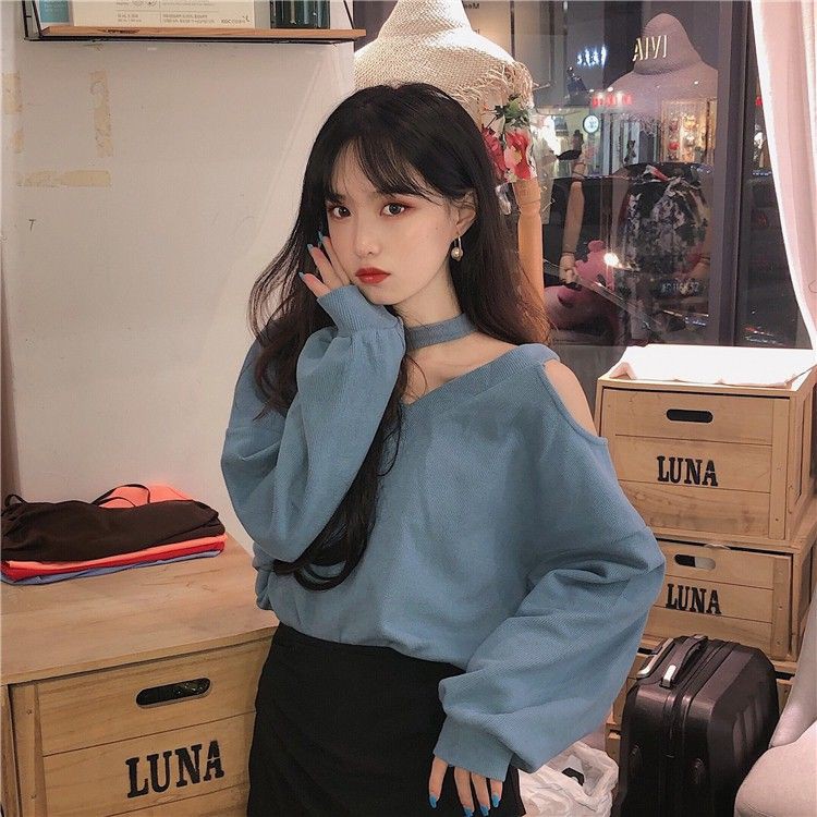 Set áo kiểu nữ trễ vai lỏng lẻo tay dài gợi cảm có dây cổ + váy đen ngắn ulzzang ( 2 màu ) có bán riêng