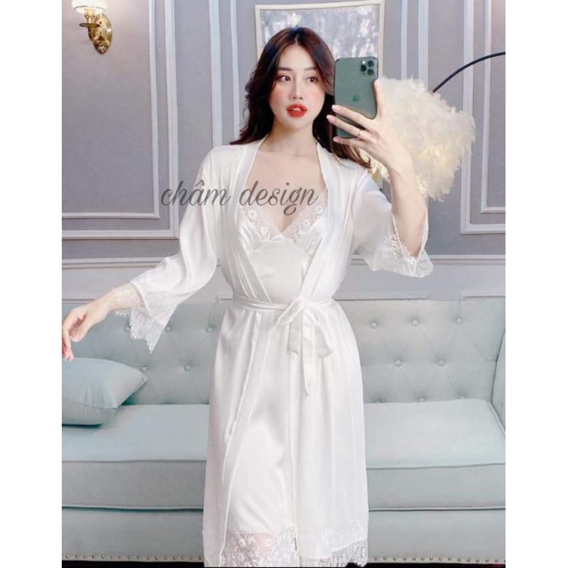 sét váy ngủ lụa satin dáng dài kèm choàng dáng dài tay lỡ, hàng thiết kế độc quyền