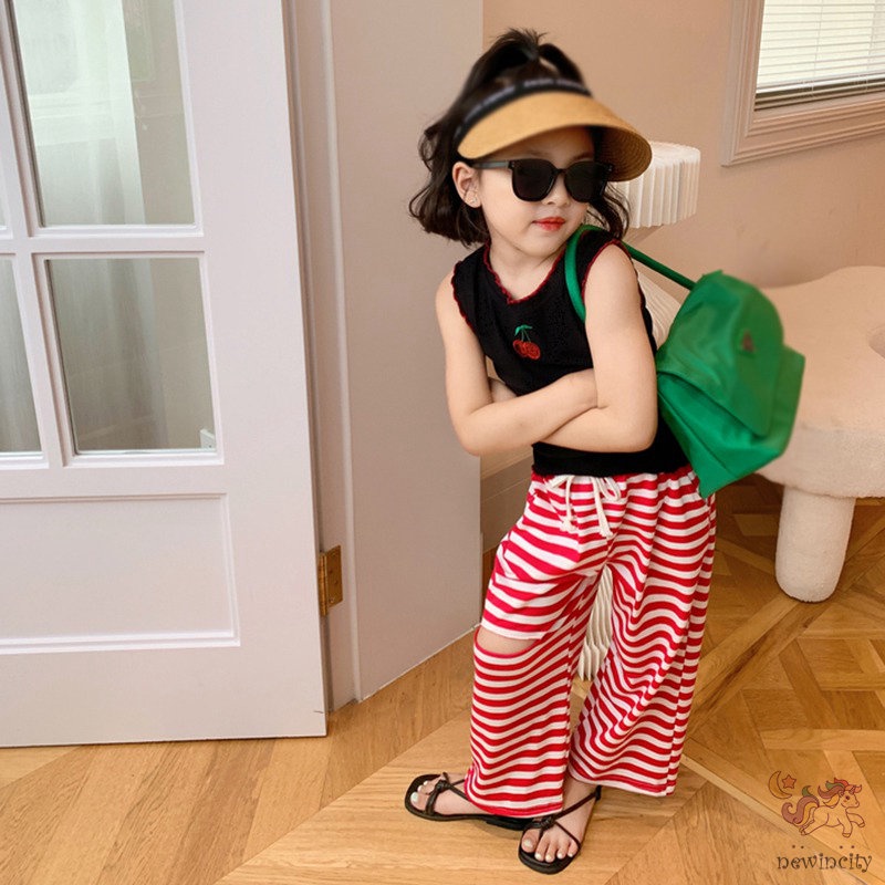 Quần Dài Ống Rộng Lưng Thun Họa Tiết Kẻ Sọc Thời Trang Hàn Quốc Cho Bé Gái