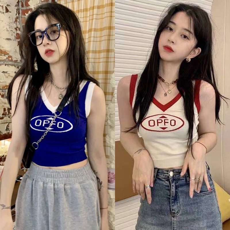 Áo 2 dây dệt kim cổ chữ V phối màu tương phản cá tính cho nữ