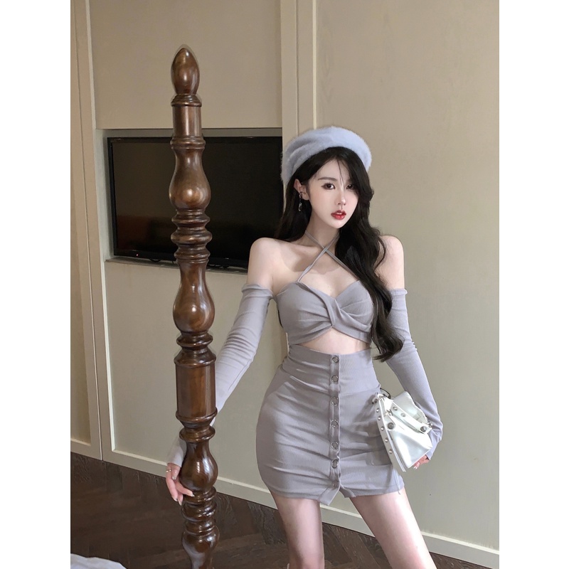 Áo thun tay dài cổ yếm / chân váy ngắn thời trang quyến rũ cho nữ