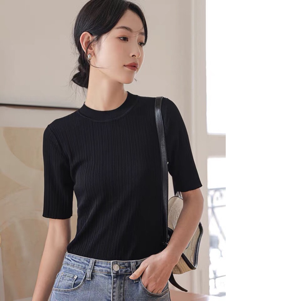 Áo thun tay lỡ nữ trơn mỏng dáng ôm cổ tròn chất len lụa băng mềm mại co giãn tốt 2 màu đen trắng YDIQI