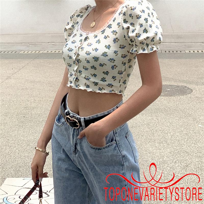Áo Croptop Tay Phồng In Hoa Thời Trang Cho Nữ