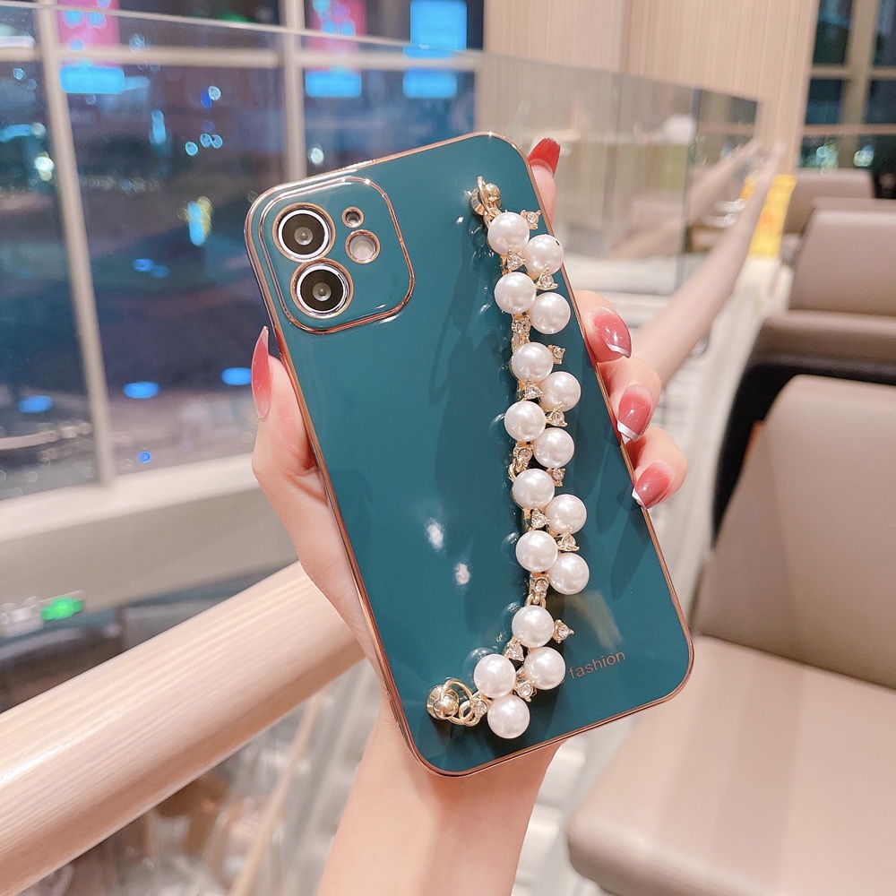Ốp điện thoại màu trơn đính dây đeo ngọc trai nhân tạo sang trọng cho iPhone 12 11 Pro Max XS Max XR X 8 7 Plus