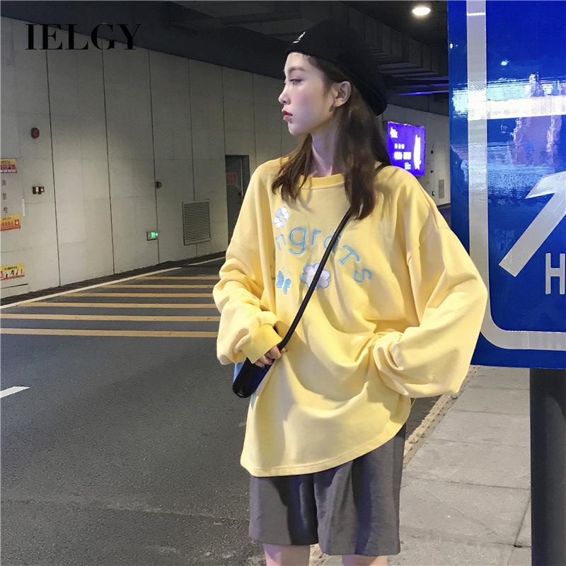 Áo thun IELGY cổ tròn dáng rộng thêu hình hoa trang trí thời trang dành cho bạn nữ