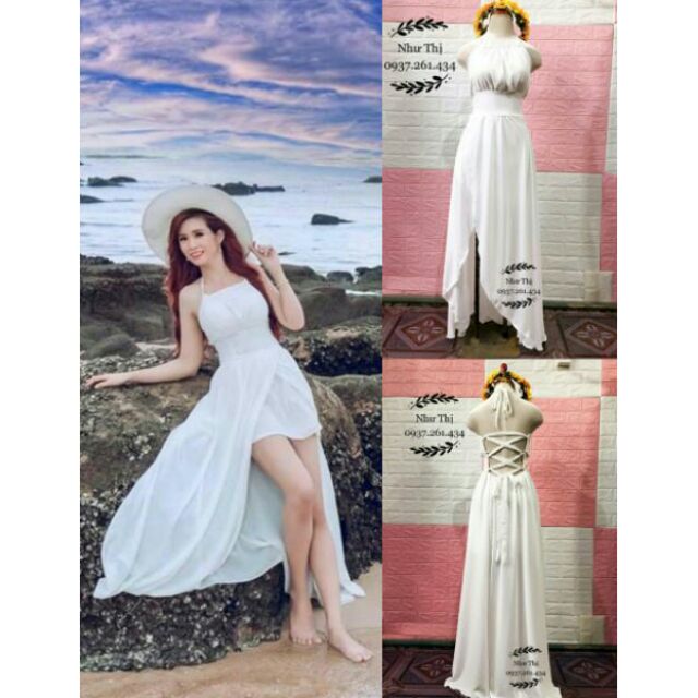 (free chỉnh sửa váy) maxi voan trắng cổ yếm đan dây tà chéo đi biển chụp ảnh cưới | BigBuy360 - bigbuy360.vn