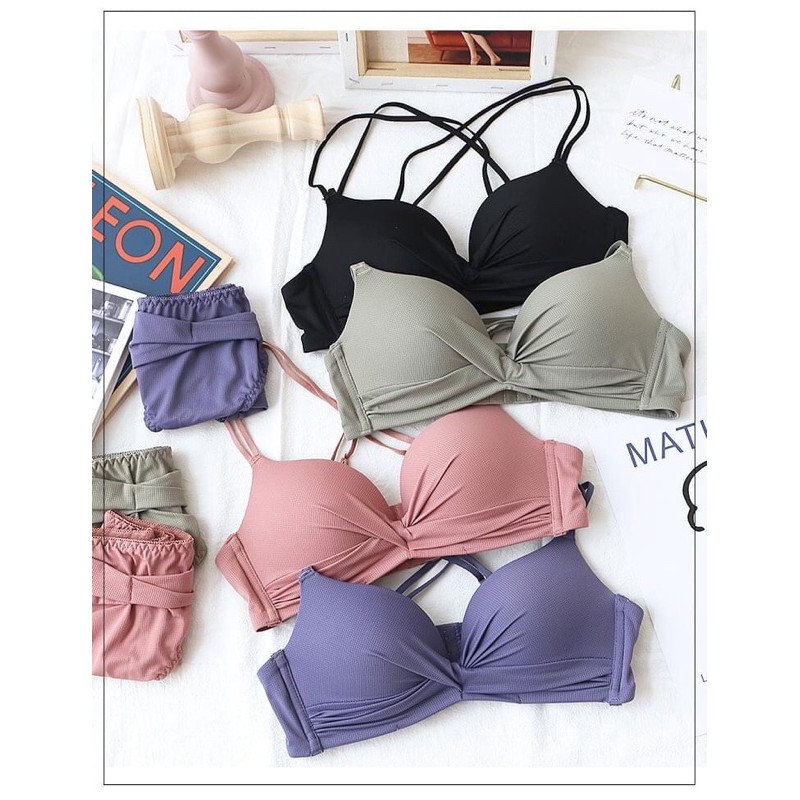 [Cả Bộ] Bộ Đồ Lót Đúc Su Thông Hơi Không Gọng Chéo Ngực Dây Tạo Kiểu