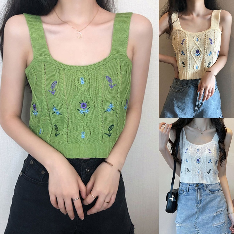Xiangbao Áo Crop Top Dệt Kim Thêu Hoa Phong Cách Boho Mùa Hè Cổ Điển Cho Nữ Swi