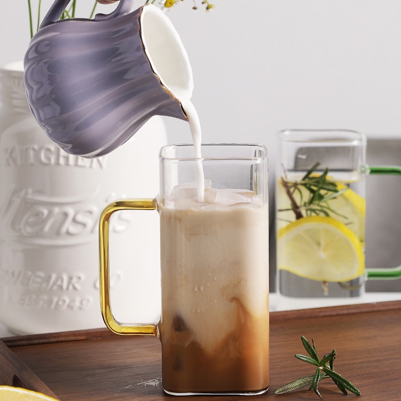 Cốc SWEEJAR thủy tinh borosilicate cao cấp thiết kế miệng vuông với tay cầm màu dung tích 370ml