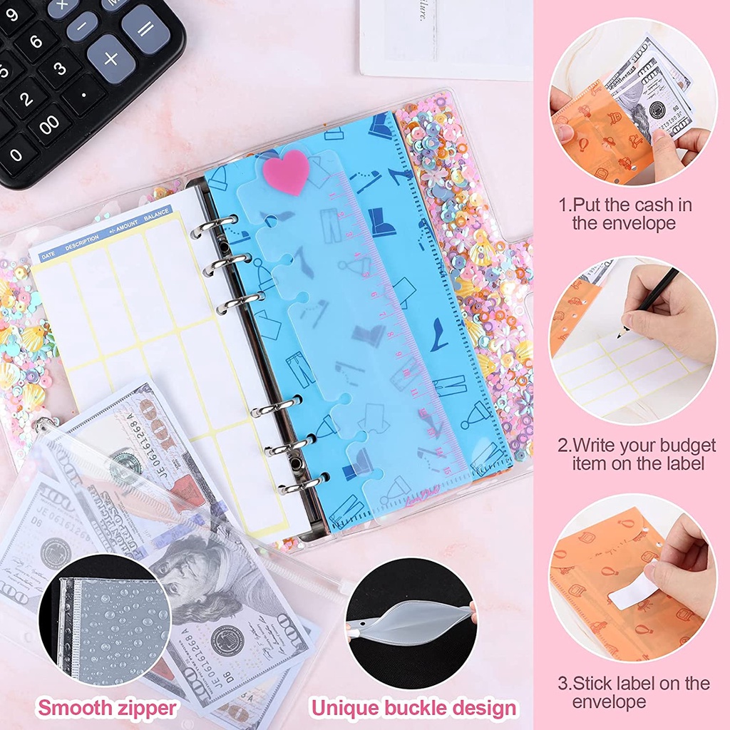 Set bìa sổ còng khổ A6 họa tiết kim tuyến với 12 ngăn đựng+12 giấy ghi chép+túi PVC+thước+2 nhãn dán(Có bán lẻ)