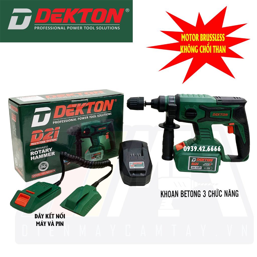 Máy Khoan Bê Tông Dùng Pin Dekton D21-MK03CN - 3 Chức Năng - Motor Brushless - Hệ Sinh Thái D21 - Tặng Sạc