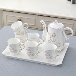 Qùa Biếu Tặng Cao Cấp/ Bộ Ấm Trà, Bộ Ấm chén Cafe Bằng Sứ Cao Cấp Họa tiết Hoa mai phong cách quý tộc Bắc Âu