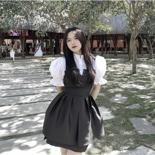 Set áo peplum chít eo phối trắng phồng + chân váy đen