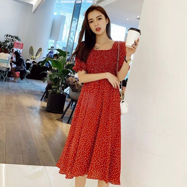Đầm váy bi rối cổ vuông 2 màu