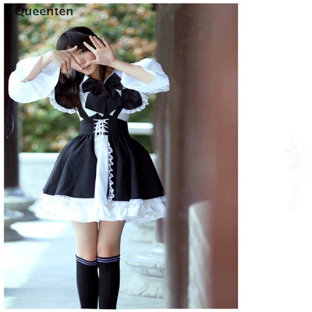 Queenten Women Maid Outfit Anime Dress Apron Dress Lolita Dress Men Cafe Costume Cosplay QT