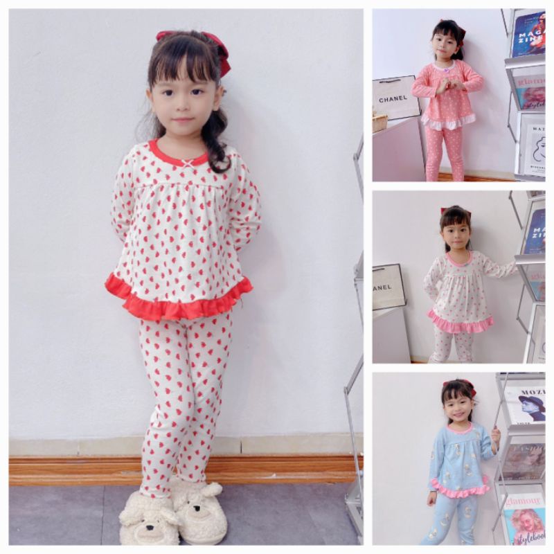 Bộ dài tay cotton xuất dư viền bèo xinh xắn dáng babydoll cho bé từ 9 - 21kg