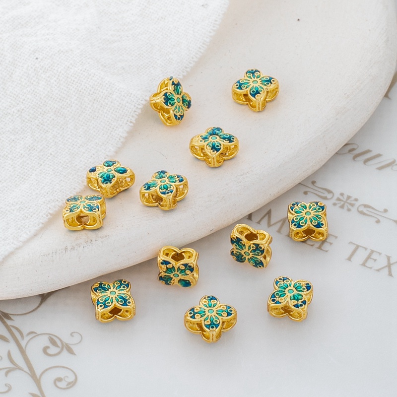 Hạt Xỏ Vòng Tay/Dây Chuyền Thủ Công Bốn Lỗ Màu Vàng Đồng 18k Mặt Nhám Hình Cỏ Bốn Lá diy