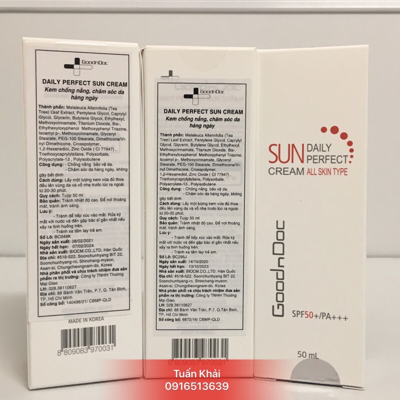 [Chính Hãng + Quà Tặng]  Kem chống nắng dưỡng sáng da ngừa lão hóa 3 in 1 Goodndoc Daily Perfect Suncream SPF 50+/PA+++