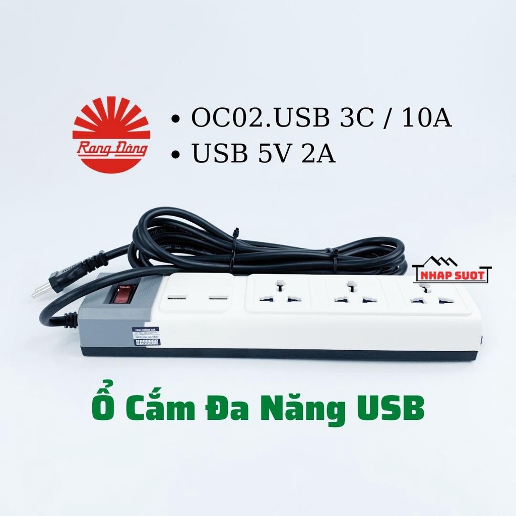 Ổ cắm liền dây đa năng Rạng Đông có cổng USB 5V 2A, ổ điện có màng che an toàn, công suất 2500W (Model: OC02.USB/10A)